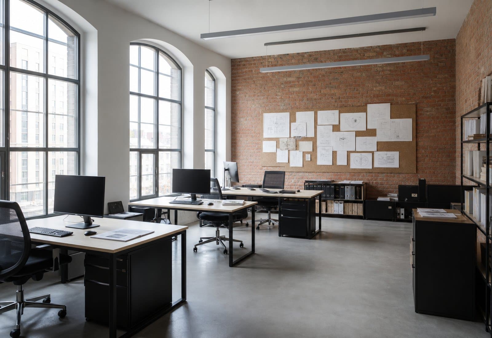 Aufgeräumter Agenturraum mit Backsteinwand, Arbeitsplätzen und Skizzenwand